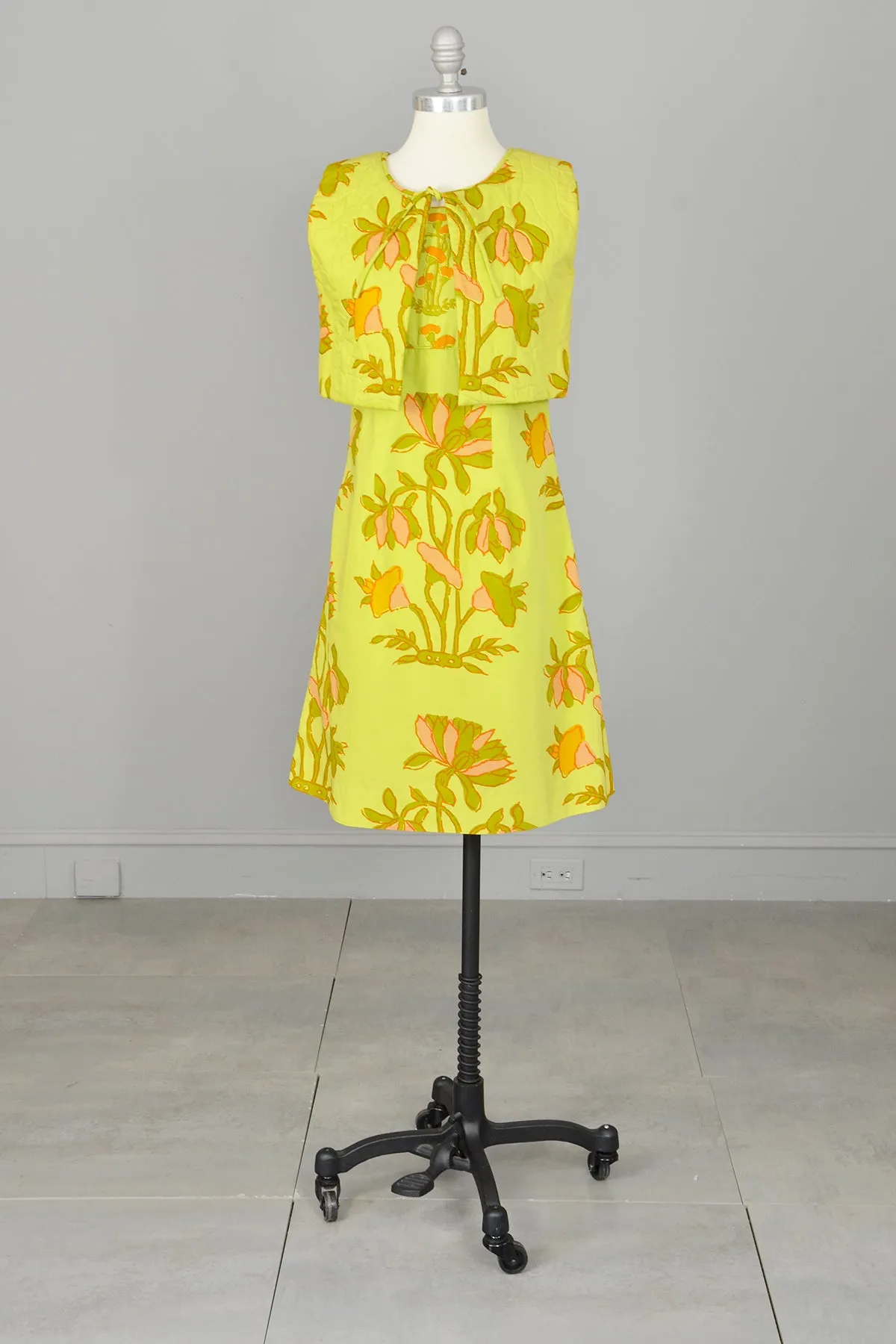 1960s Chartreuse Op Art Tropical Floral Print A-Line Mini Dress and Quilted Cropped Vest | Design Thai Bangkok | 1960s Mini Dres