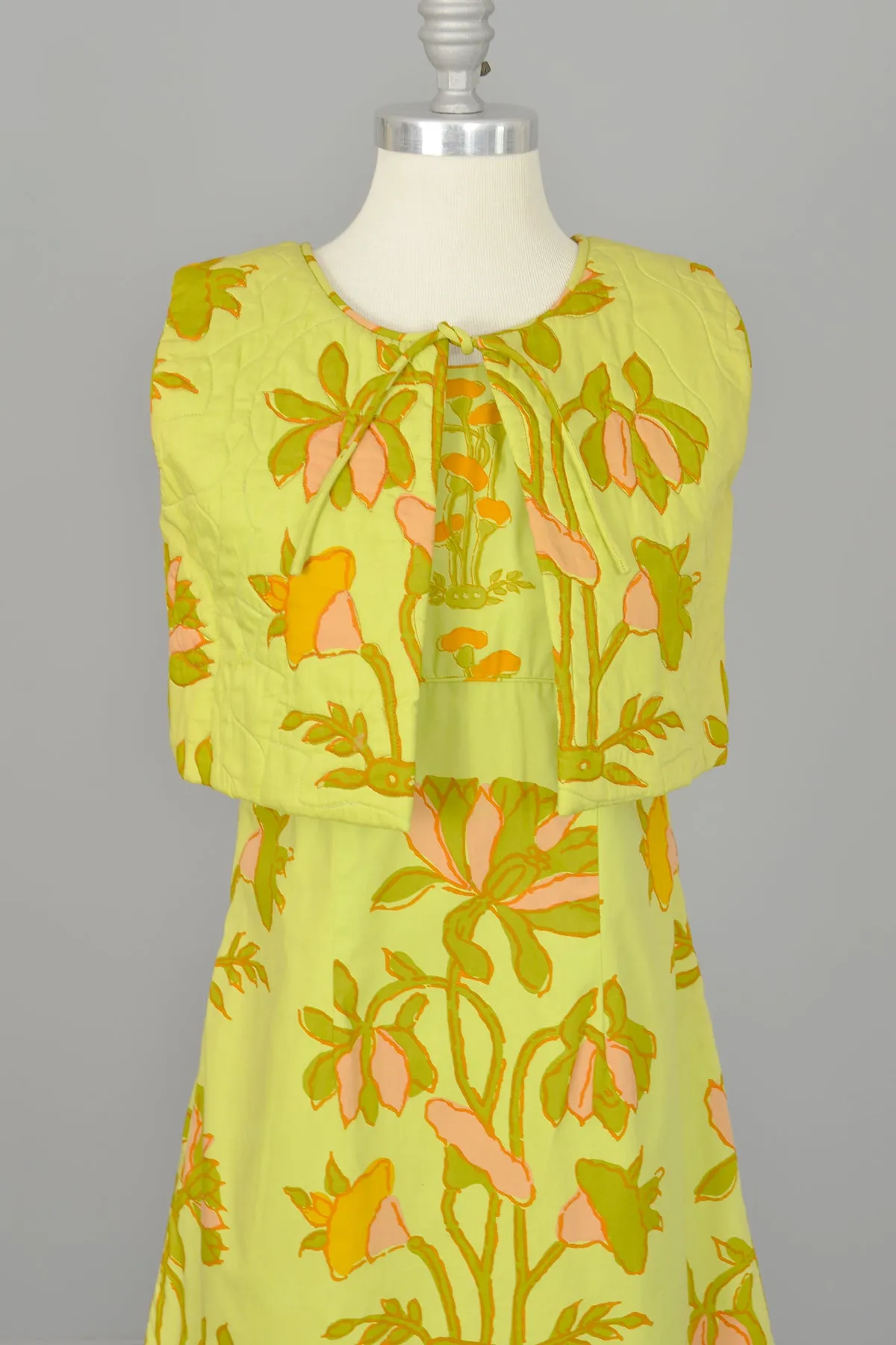 1960s Chartreuse Op Art Tropical Floral Print A-Line Mini Dress and Quilted Cropped Vest | Design Thai Bangkok | 1960s Mini Dres