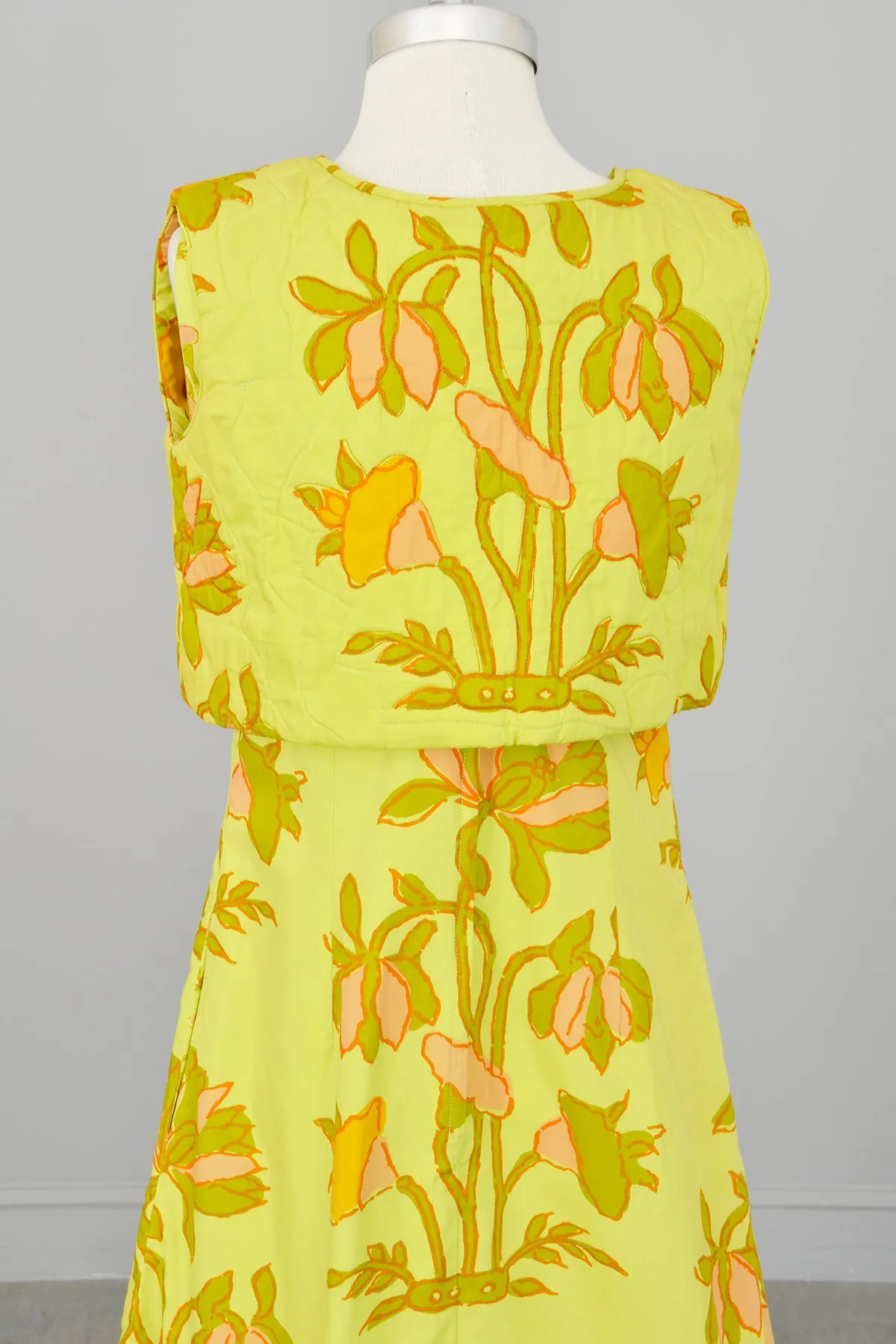 1960s Chartreuse Op Art Tropical Floral Print A-Line Mini Dress and Quilted Cropped Vest | Design Thai Bangkok | 1960s Mini Dres