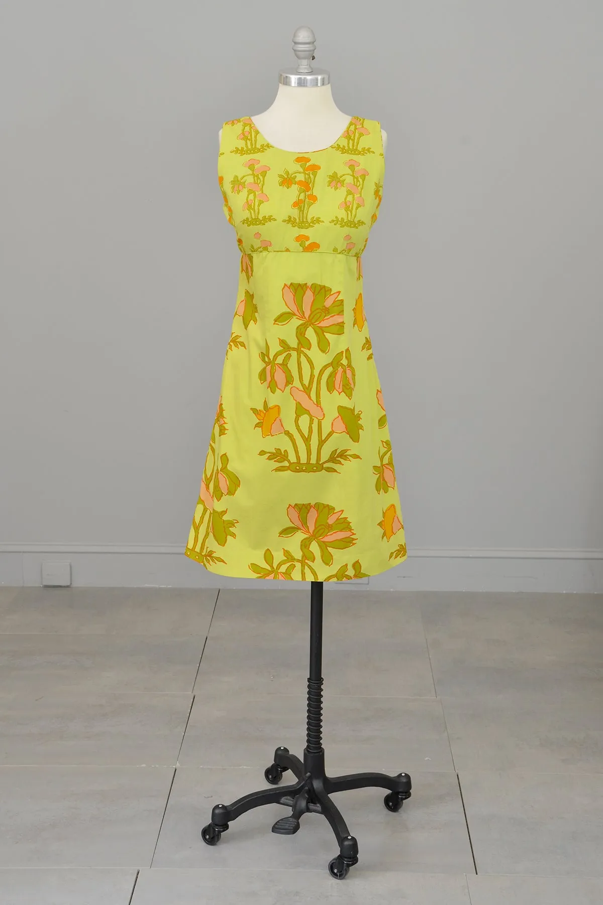 1960s Chartreuse Op Art Tropical Floral Print A-Line Mini Dress and Quilted Cropped Vest | Design Thai Bangkok | 1960s Mini Dres