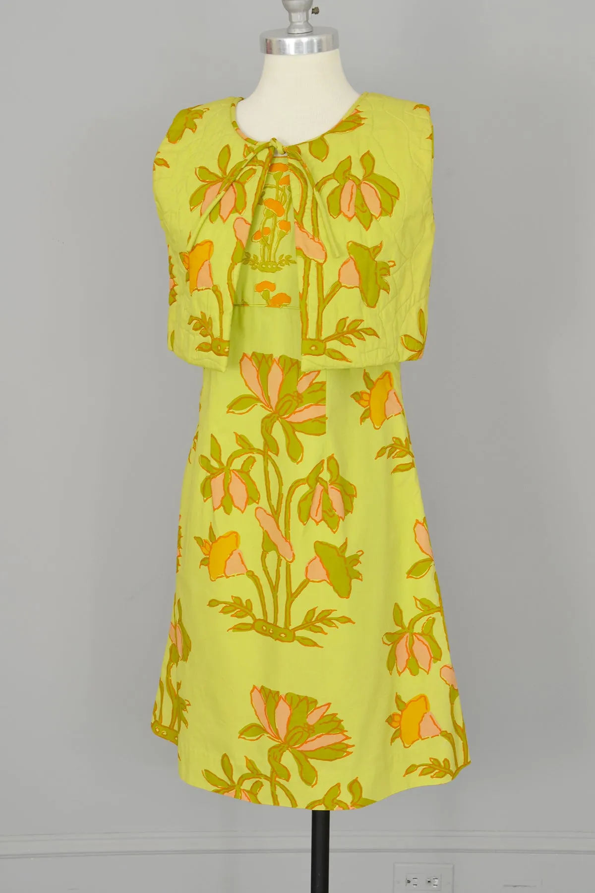 1960s Chartreuse Op Art Tropical Floral Print A-Line Mini Dress and Quilted Cropped Vest | Design Thai Bangkok | 1960s Mini Dres