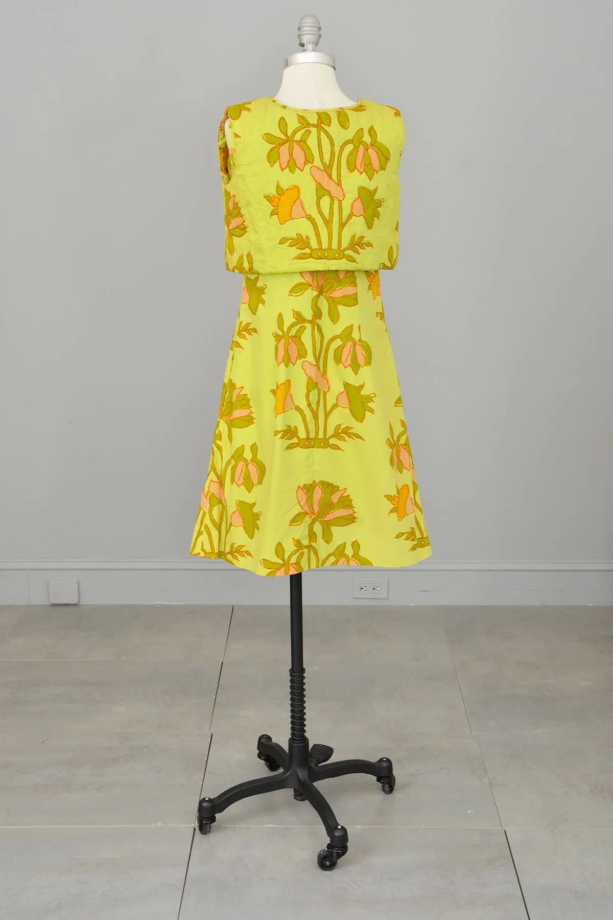 1960s Chartreuse Op Art Tropical Floral Print A-Line Mini Dress and Quilted Cropped Vest | Design Thai Bangkok | 1960s Mini Dres