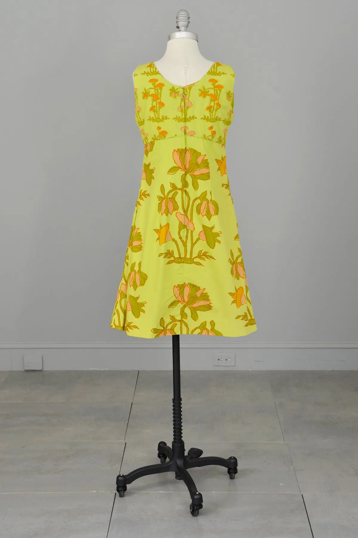 1960s Chartreuse Op Art Tropical Floral Print A-Line Mini Dress and Quilted Cropped Vest | Design Thai Bangkok | 1960s Mini Dres