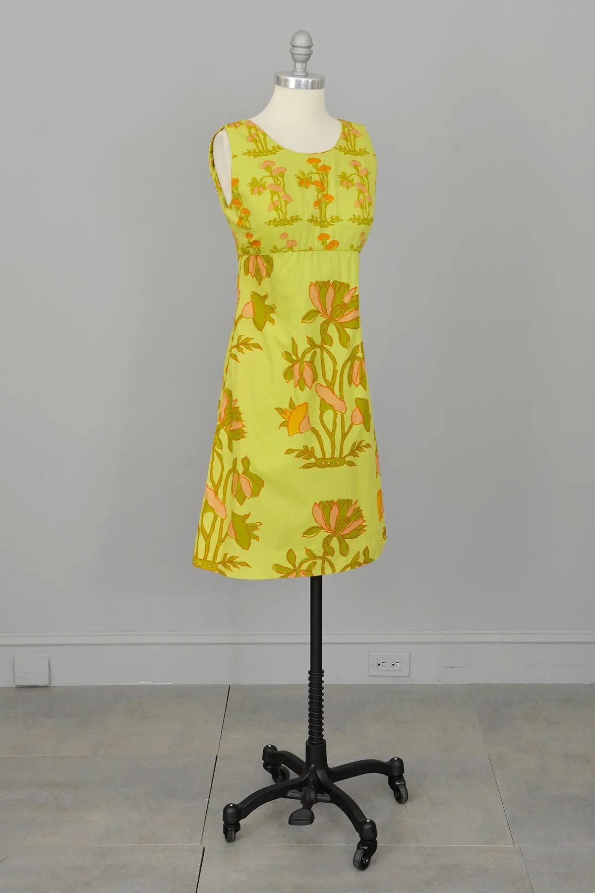 1960s Chartreuse Op Art Tropical Floral Print A-Line Mini Dress and Quilted Cropped Vest | Design Thai Bangkok | 1960s Mini Dres