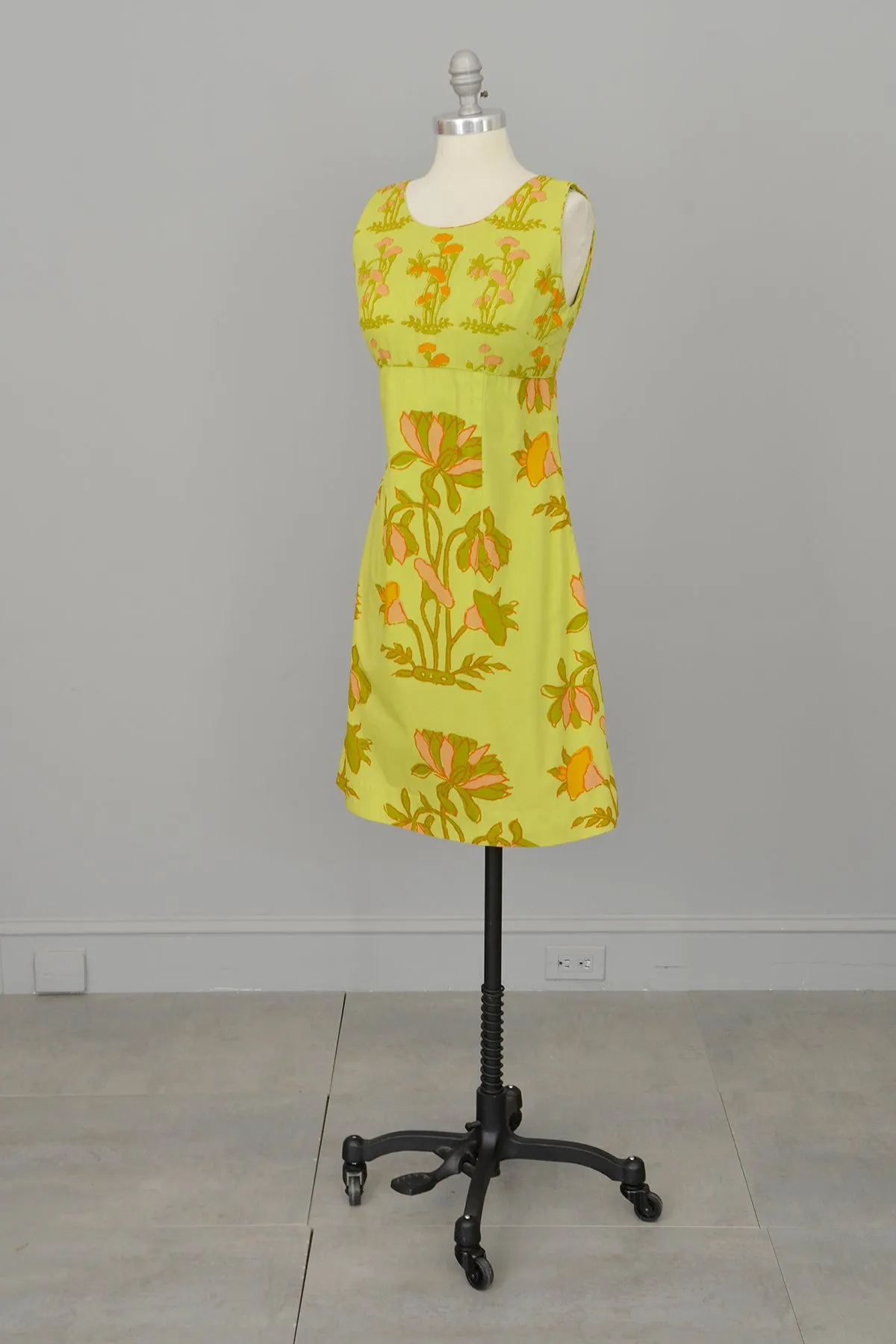 1960s Chartreuse Op Art Tropical Floral Print A-Line Mini Dress and Quilted Cropped Vest | Design Thai Bangkok | 1960s Mini Dres