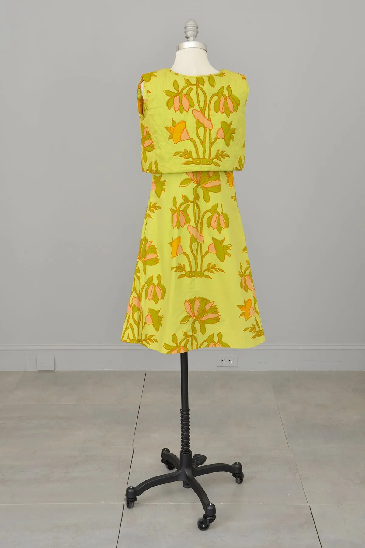 1960s Chartreuse Op Art Tropical Floral Print A-Line Mini Dress and Quilted Cropped Vest | Design Thai Bangkok | 1960s Mini Dres