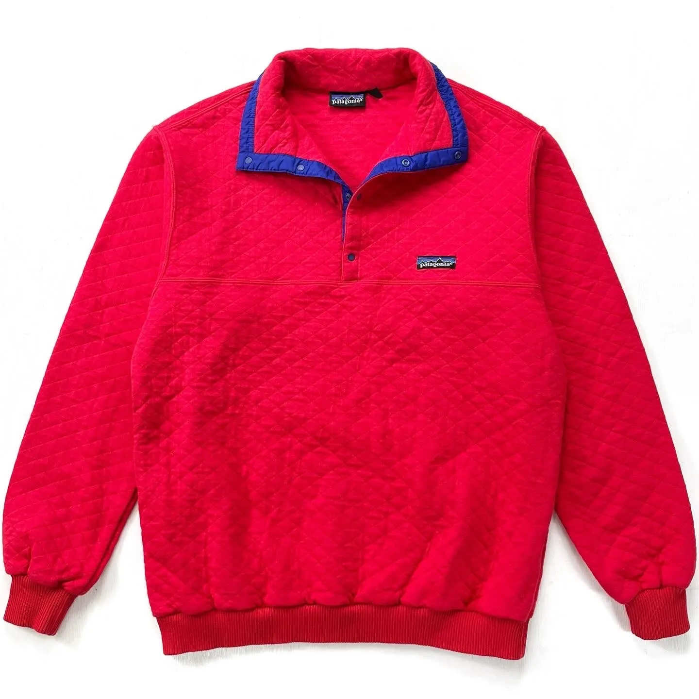 1986 Patagonia Cotton Diamond Quilt Snap-T, Red & Cobalt (M)