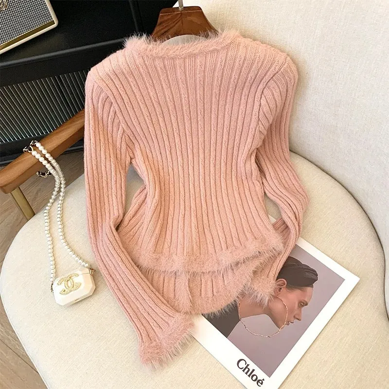 2023 new autumn and winter pure desire sweet and spicy design niche pink long-sleeved sweater sweater tops for women