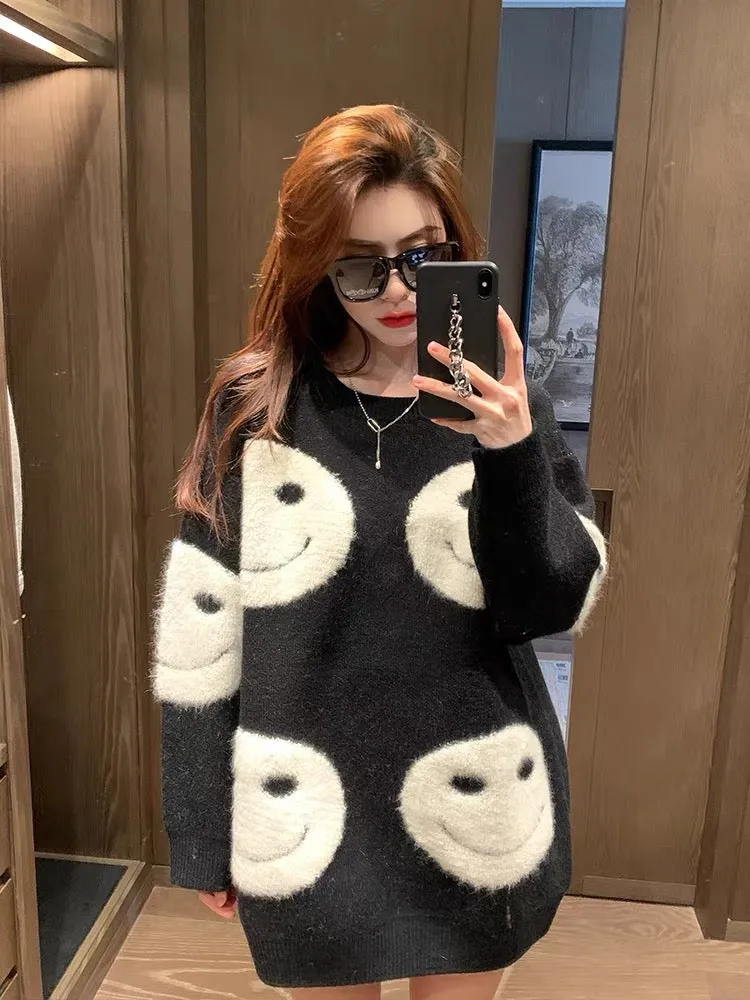 2023 new chic Hong Kong style sweater women's loose Korean fashion outer wear lazy autumn and winter large size sweater T2387