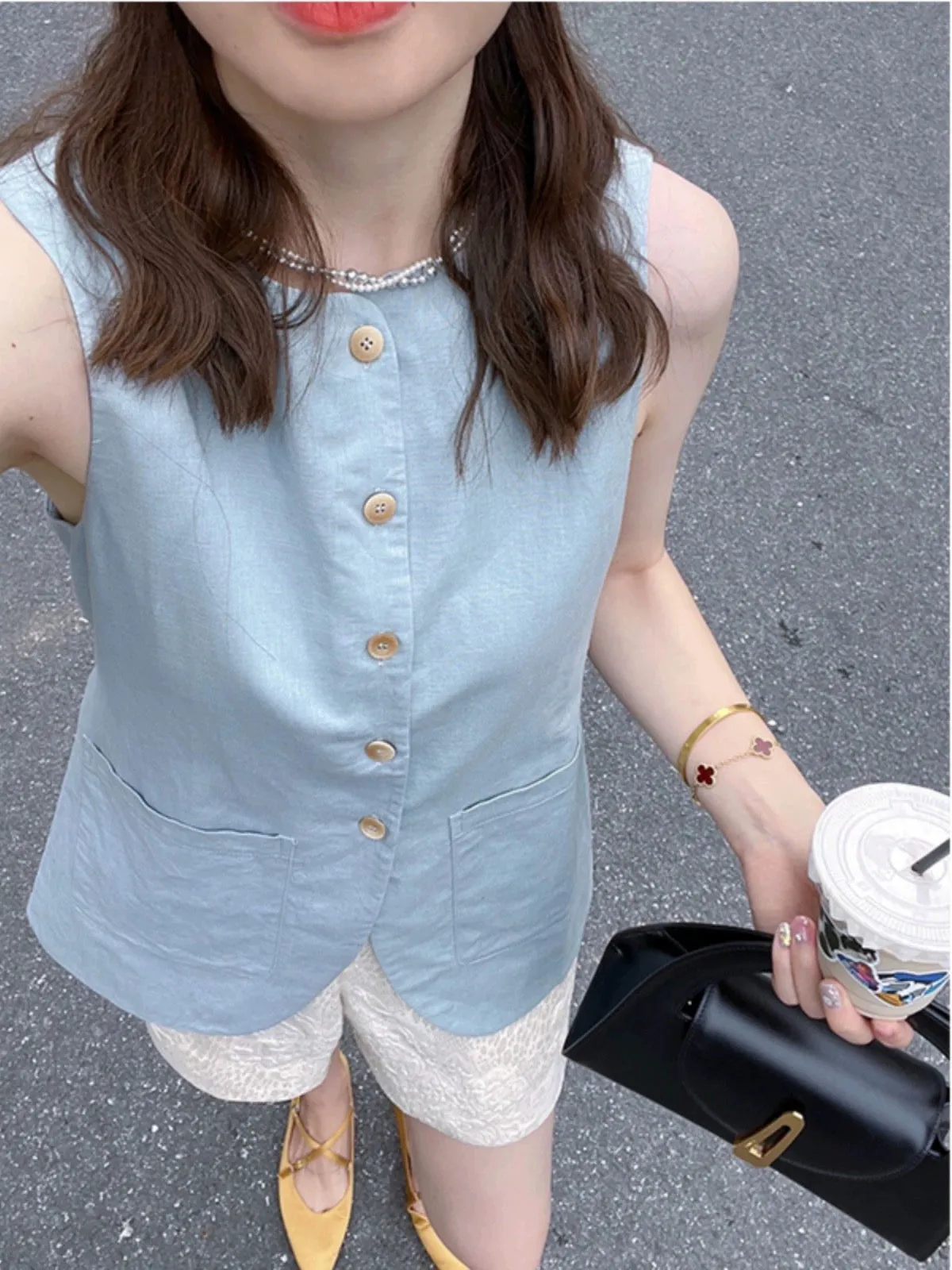 230727 Linen Suit Vest Women's Summer New Design Temperament Fashion Single-breasted Versatile Top