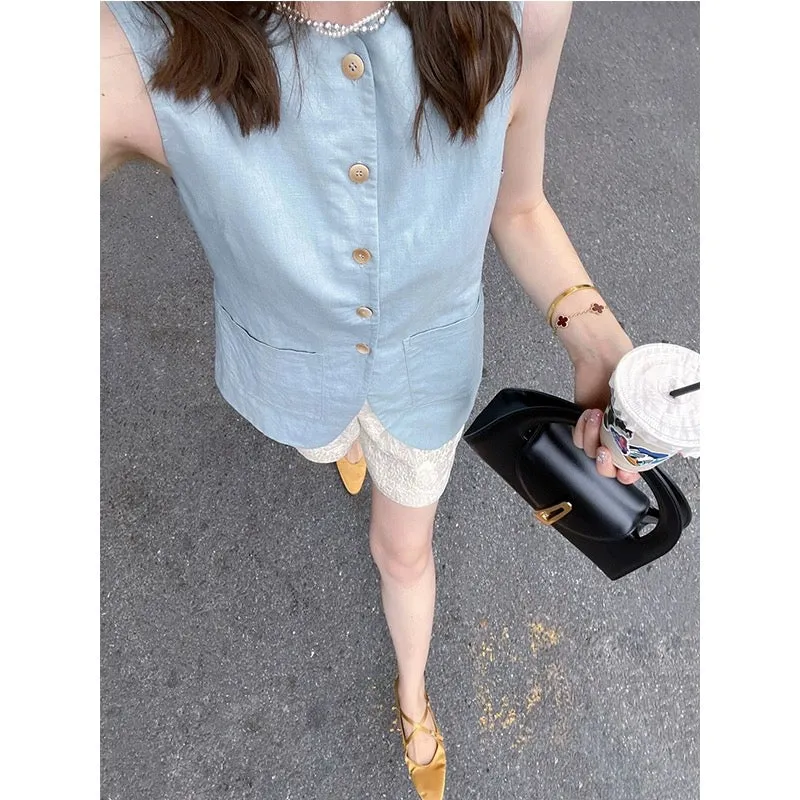 230727 Linen Suit Vest Women's Summer New Design Temperament Fashion Single-breasted Versatile Top