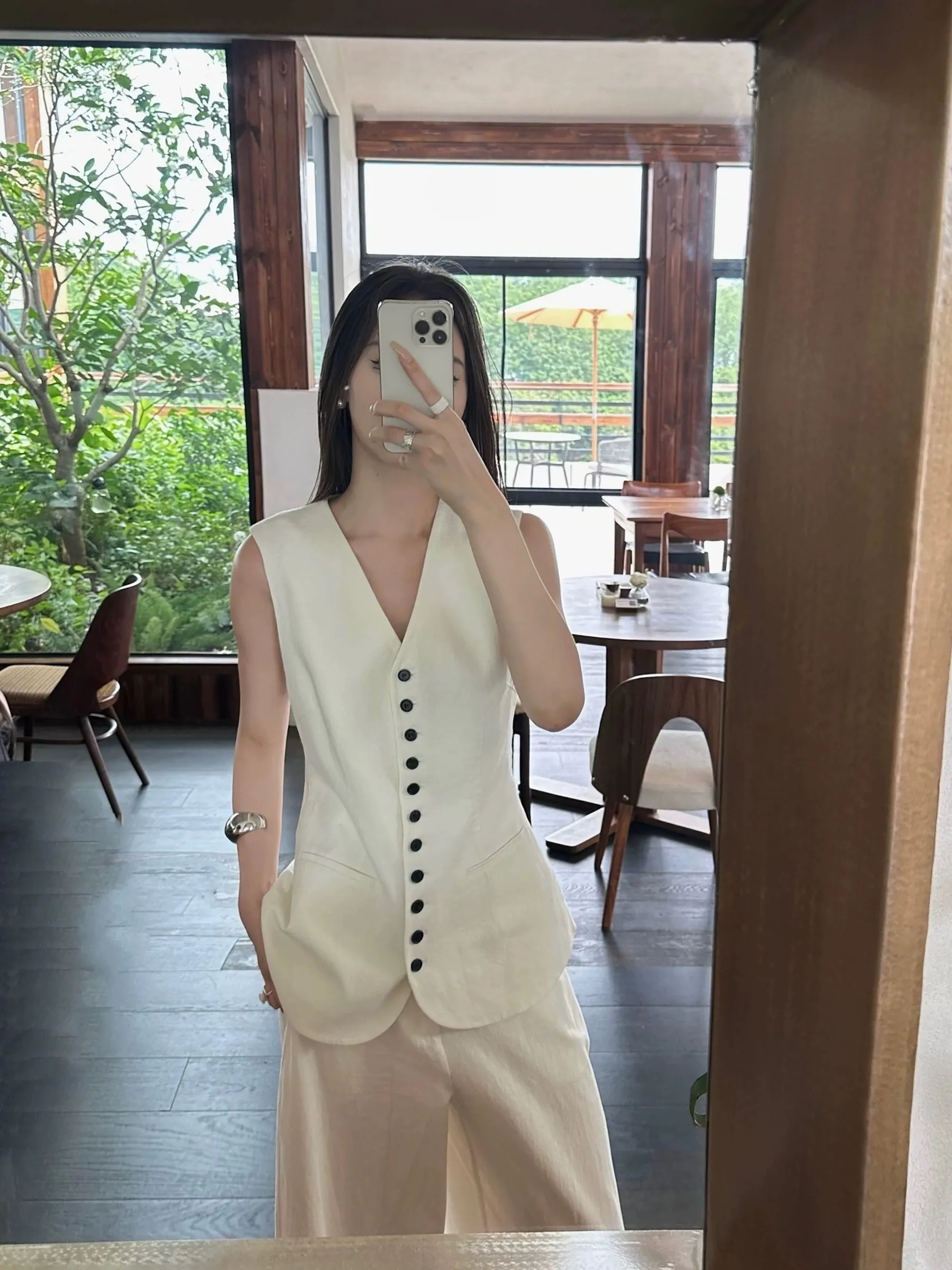 5werkwen Weiji linen texture old money suit pure white high-end vest waist design V-neck micro sickle pants