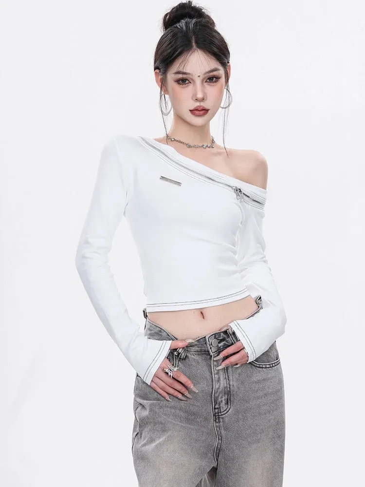 ABWEAR spring and autumn new long-sleeved T-shirt, slim short vest, irregular sexy off-shoulder design top for women