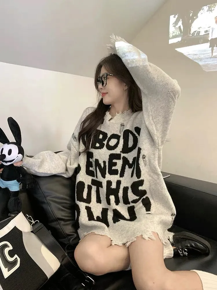 American style ripped sweater for women autumn and winter 2023 new design letter loose mid-length long-sleeved knitted top trend