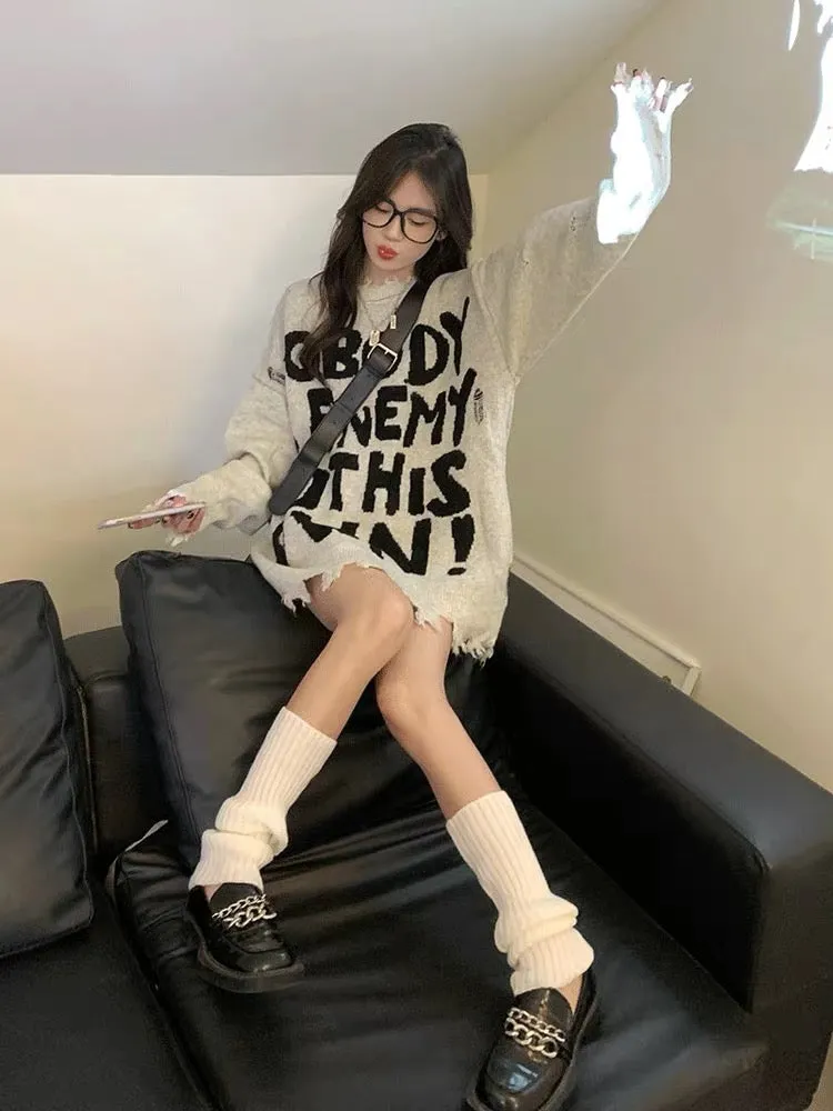 American style ripped sweater for women autumn and winter 2023 new design letter loose mid-length long-sleeved knitted top trend