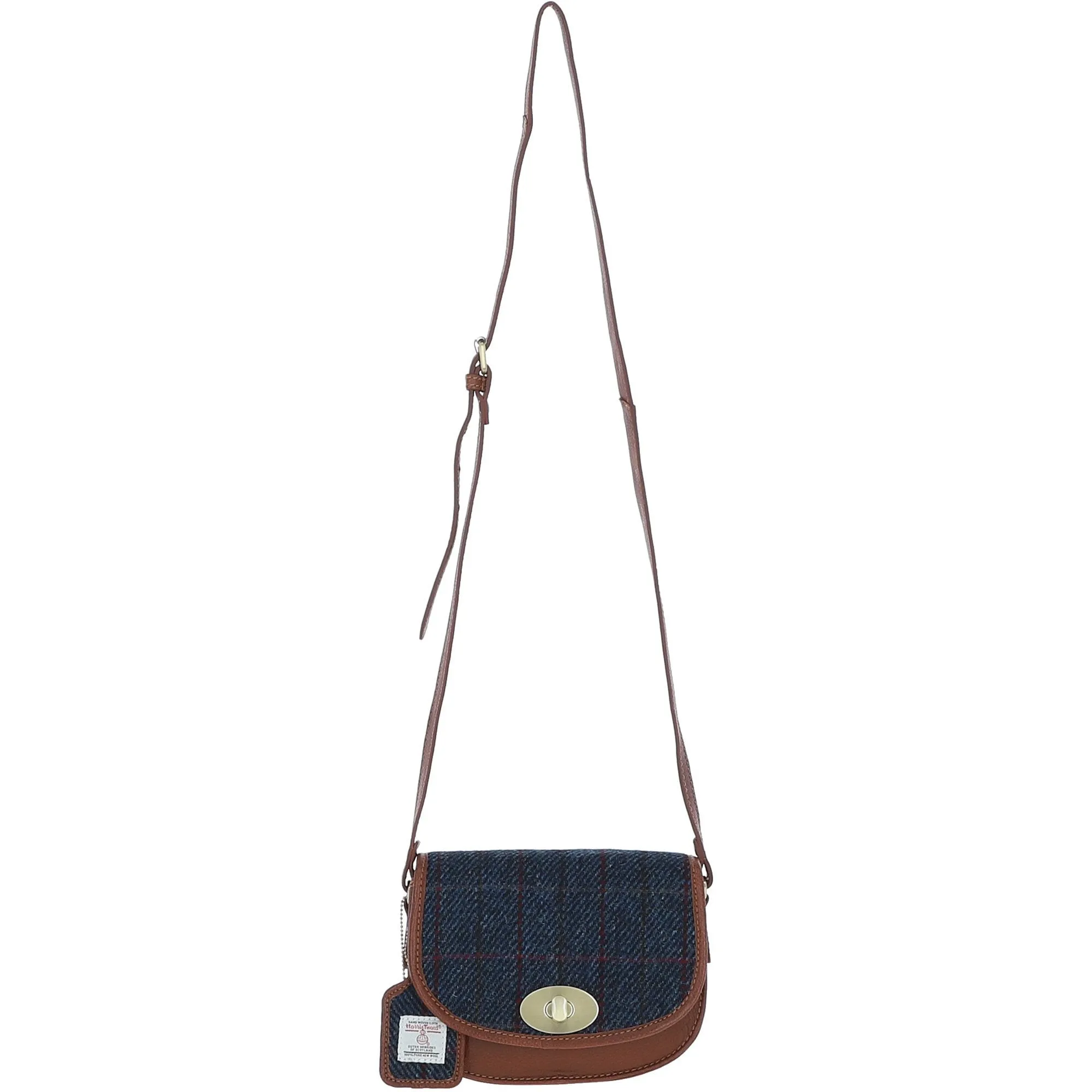 Ashwood Leather x Harris Tweed Saddle Crossbody Bag with Twist Lock Tan/Navy: TW-30-011-TN