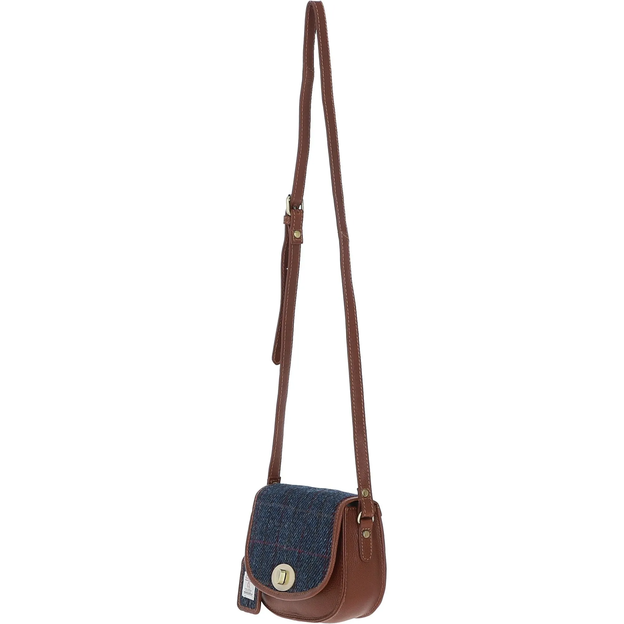 Ashwood Leather x Harris Tweed Saddle Crossbody Bag with Twist Lock Tan/Navy: TW-30-011-TN