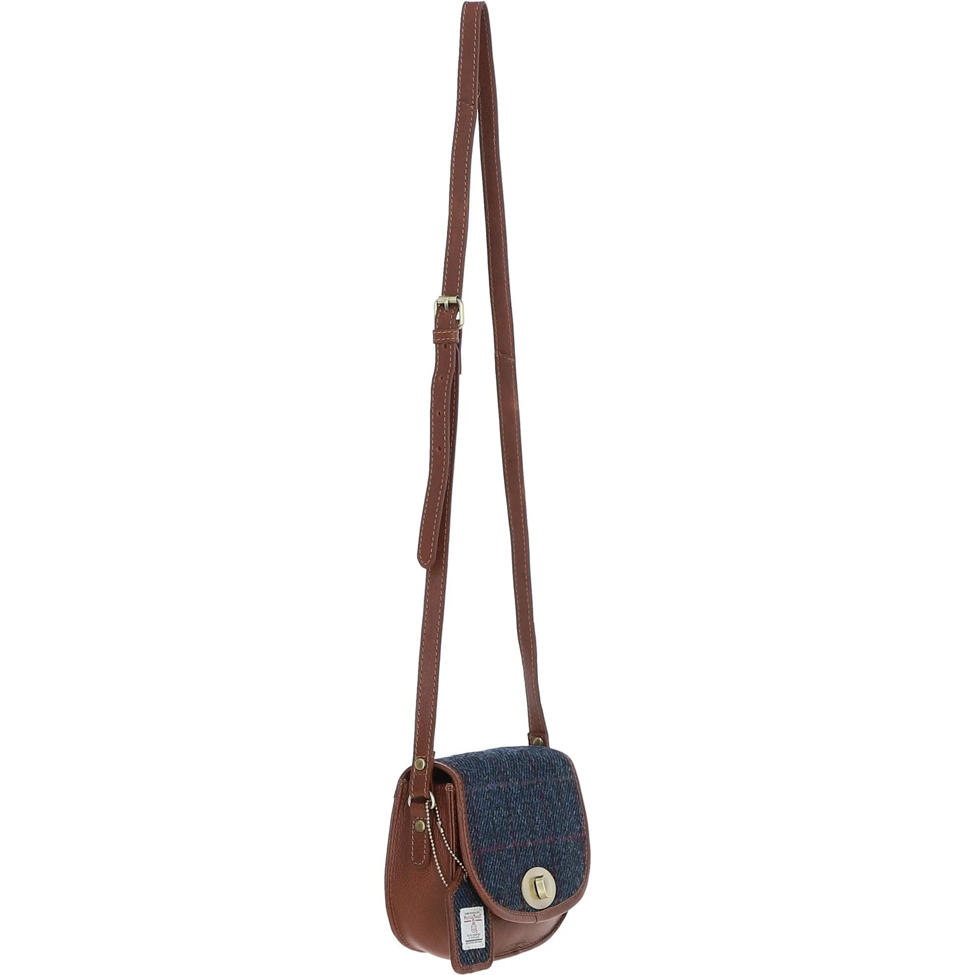 Ashwood Leather x Harris Tweed Saddle Crossbody Bag with Twist Lock Tan/Navy: TW-30-011-TN