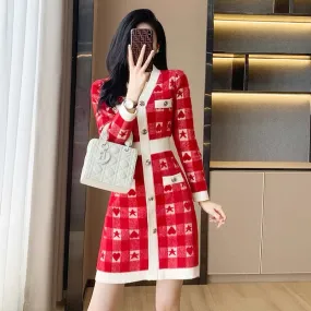 Autumn and winter 2023 new French style retro red knitted dress women's high-end temperament slim sweater skirt D7793