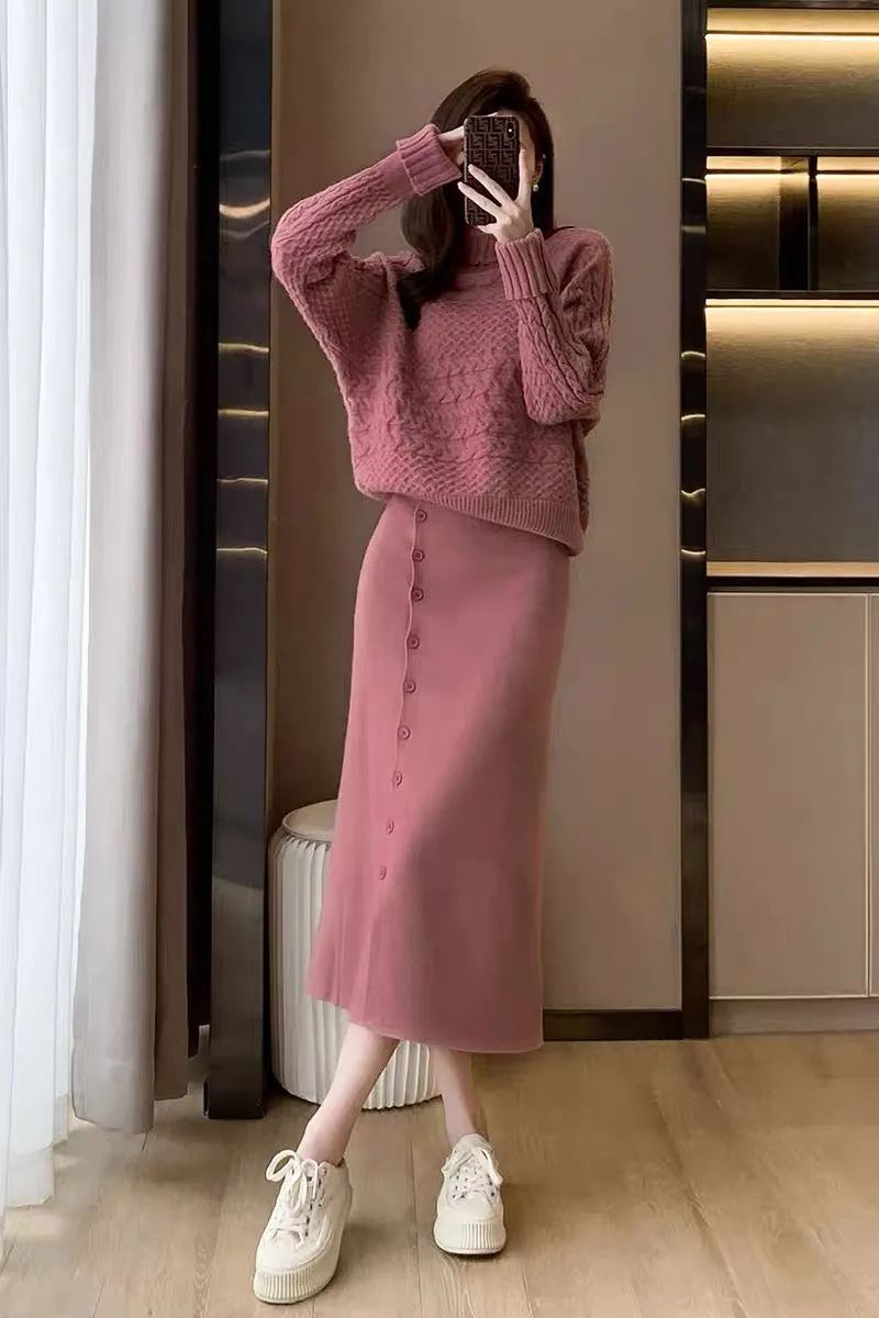 Autumn clothing 2022 new style small fragrance suit skirt women's high-end suit turtleneck sweater knitted skirt two-piece set