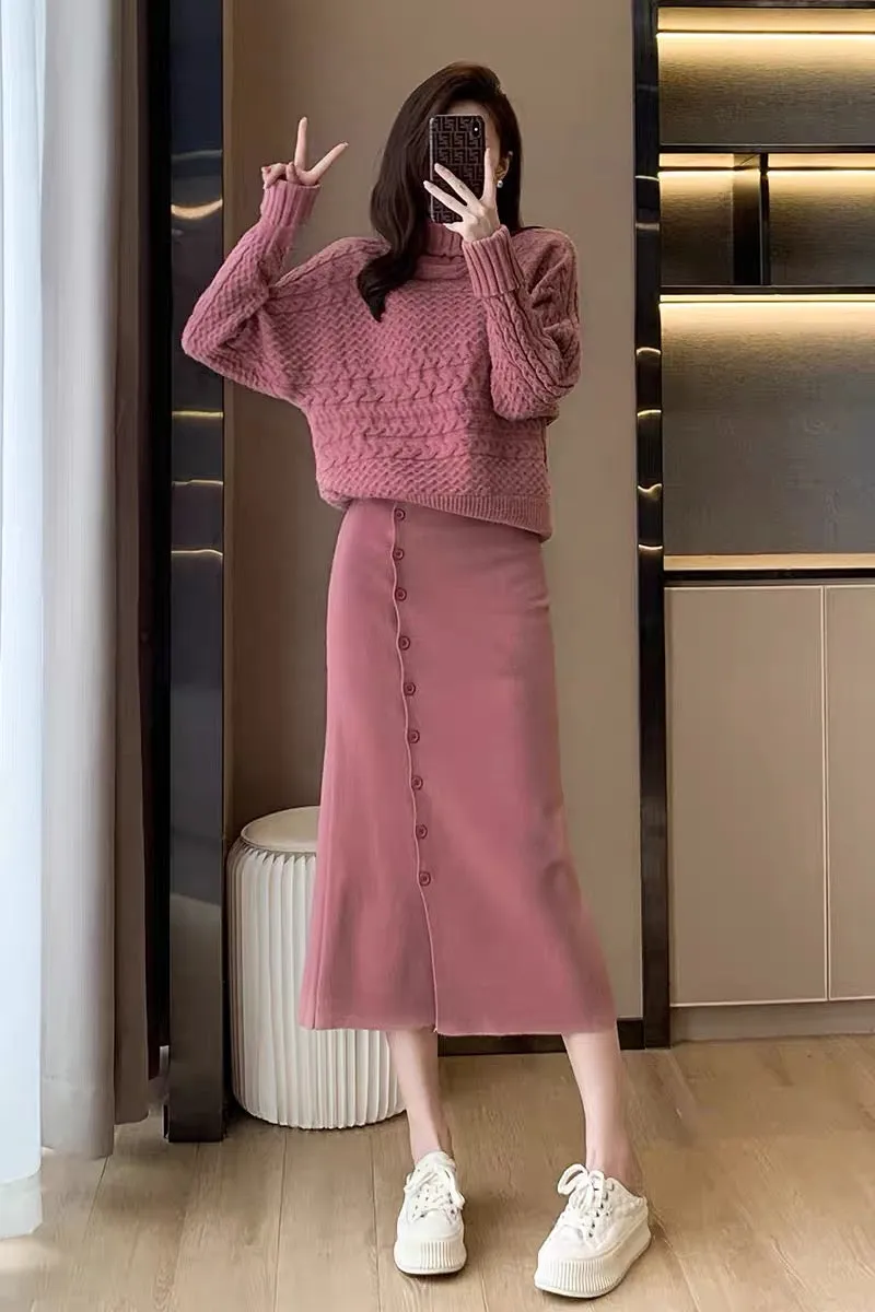 Autumn clothing 2022 new style small fragrance suit skirt women's high-end suit turtleneck sweater knitted skirt two-piece set