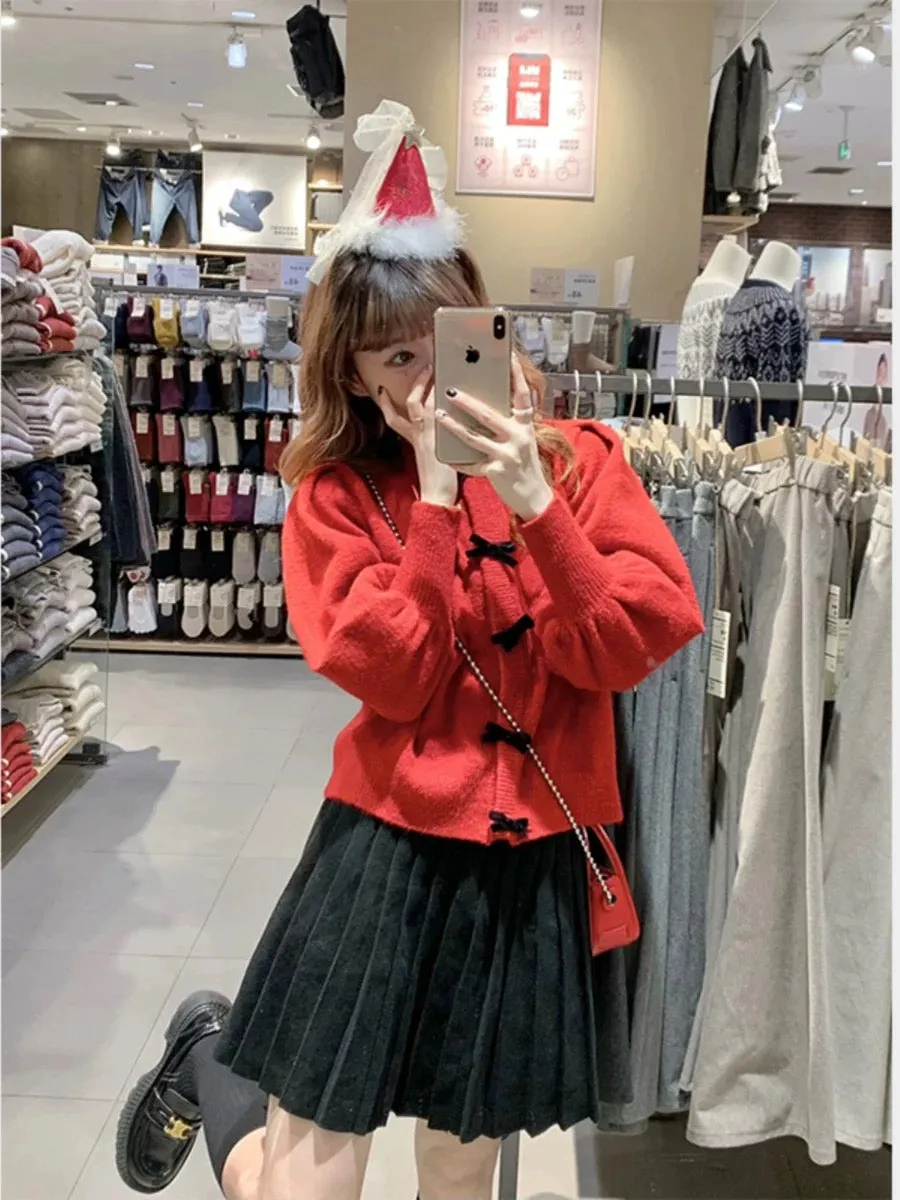 Autumn flashback poem, bow lantern sleeves, Christmas red sweater for women, slim short pleated skirt, age-reducing suit