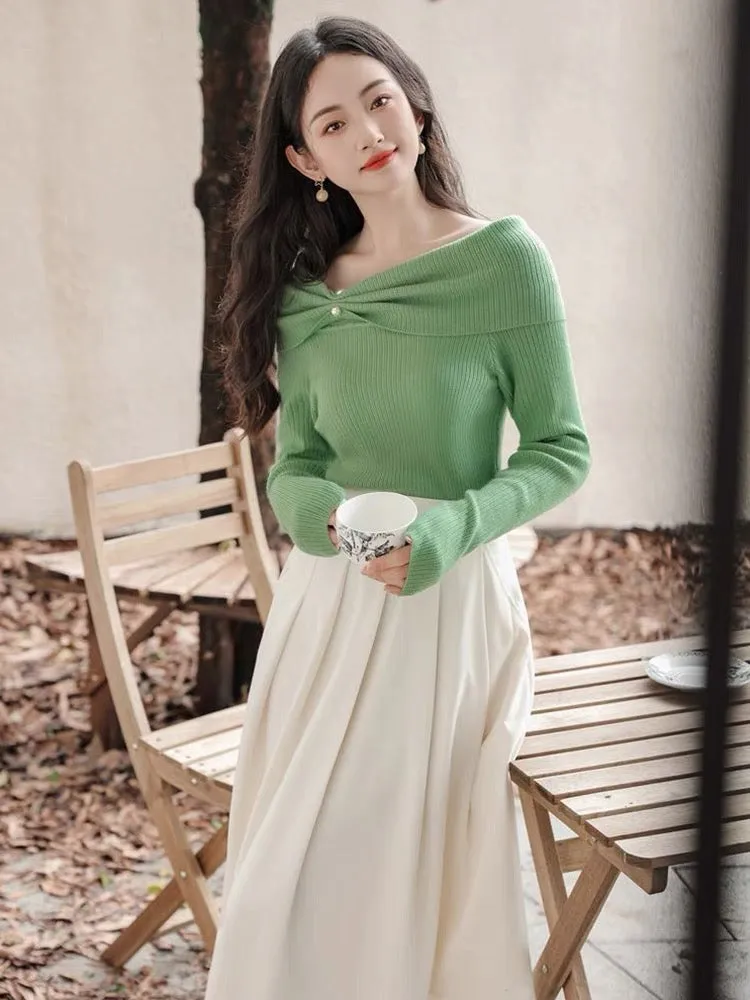 Autumn new retro green pure lust style one-shoulder knitted bottoming sweater for women with pleated skirt two-piece suit