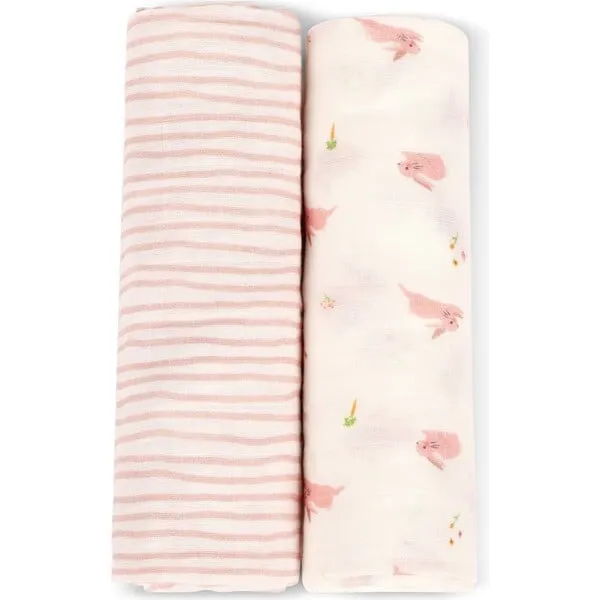 Bamboo Little Swaddle Blanket Set, Bunny & Pink Wave