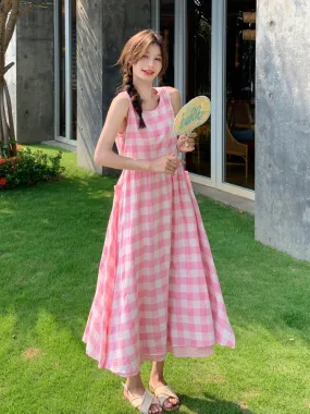 Beautiful breasts fufu pink plaid vest dress women summer 2024 new first love pure milk sweet loose long skirt