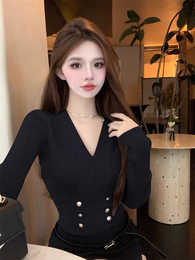 Beautiful European sweater, small fragrant style, v-neck long-sleeved sweater for women, autumn inner layer, slim bottoming shir