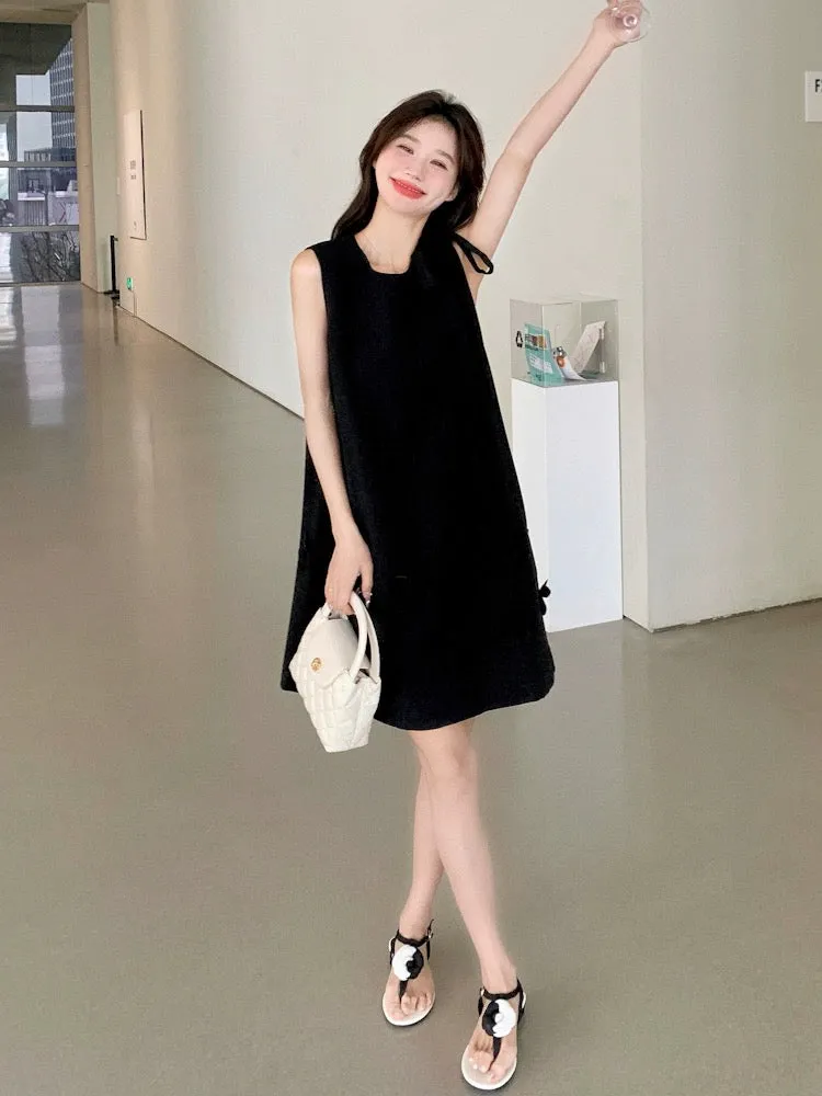 Black sleeveless vest dress for women summer 2024 new style French style high-end sense of gold style miu series a-line skirt