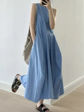 Blue dress for women, summer design, high-end, waist-cinching long skirt, French buds, large hem, sleeveless vest dress