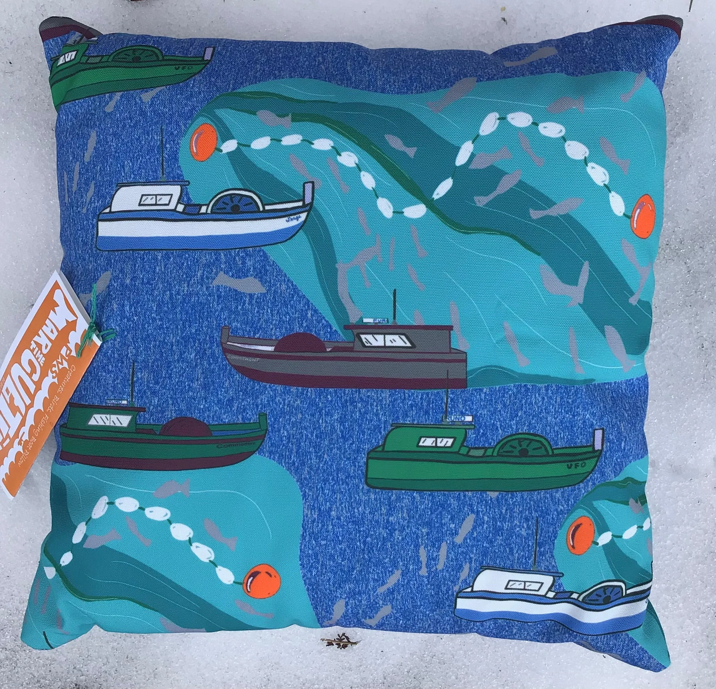 Boat, Fish & Bird Art Throw Pillows