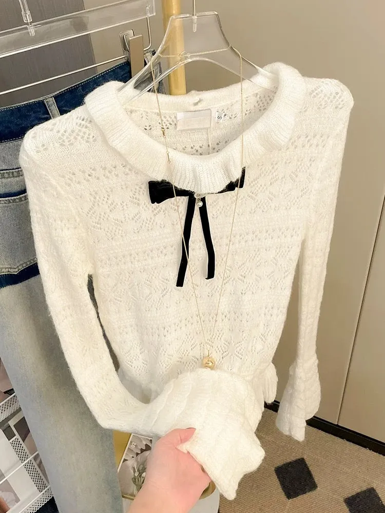 Bow lace sweater for women in autumn new design sweet hollow versatile long-sleeved sweater inner top T9890