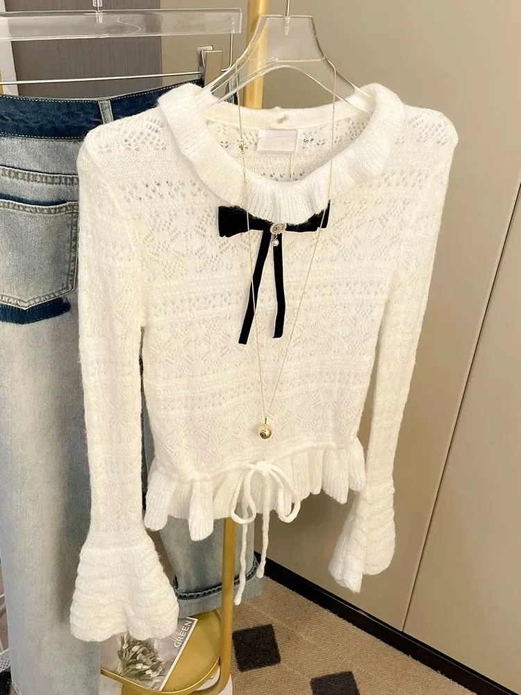 Bow lace sweater for women in autumn new design sweet hollow versatile long-sleeved sweater inner top T9890