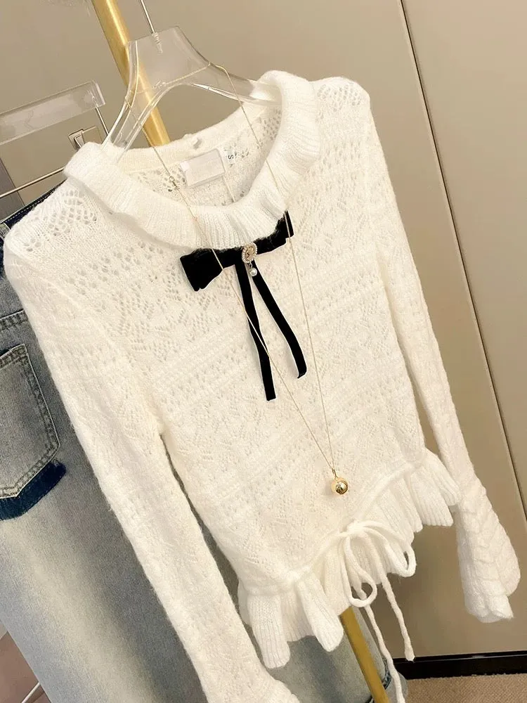 Bow lace sweater for women in autumn new design sweet hollow versatile long-sleeved sweater inner top T9890