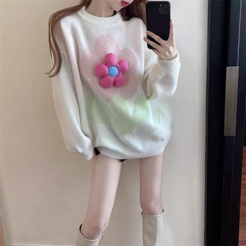 Breast fufu lazy sweater autumn and winter niche Korean style loose round neck design pullover sweater jacket sweatshirt for wom