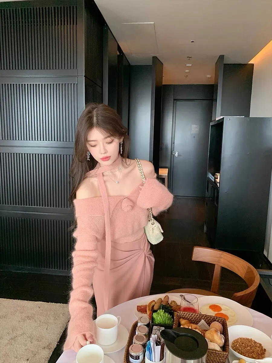 ByYou Early Autumn Pink One Shoulder Mohair Sweater Women's Short Waist Design Ribbon Chic Sweater