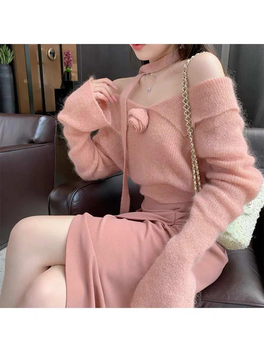 ByYou Early Autumn Pink One Shoulder Mohair Sweater Women's Short Waist Design Ribbon Chic Sweater