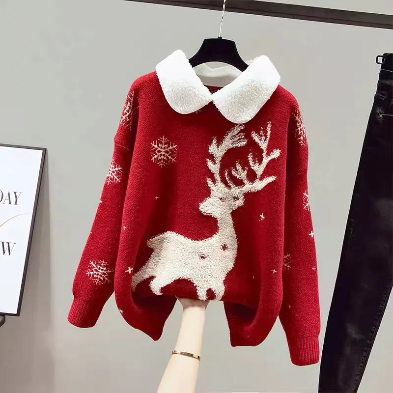 Christmas Sweater Women's Autumn and Winter Clothing Thickened Baby Collar 2023 New Year of the Rabbit Red Clothes Fashionable a