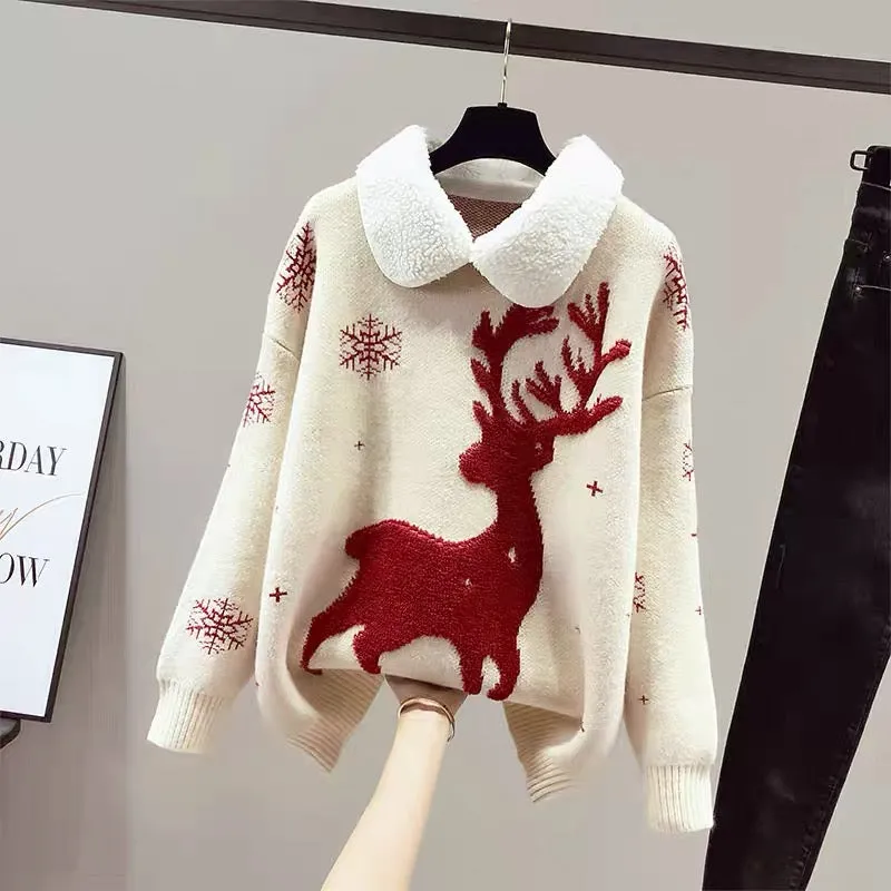 Christmas Sweater Women's Autumn and Winter Clothing Thickened Baby Collar 2023 New Year of the Rabbit Red Clothes Fashionable a