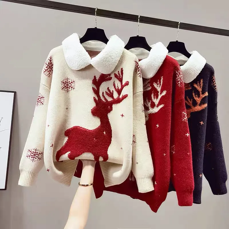 Christmas Sweater Women's Autumn and Winter Clothing Thickened Baby Collar 2023 New Year of the Rabbit Red Clothes Fashionable a