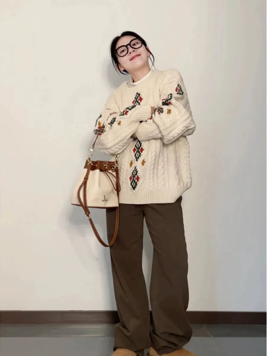 Christmas wear, French thick stick stitch blended cable-knitted colorful sweater, off-shoulder, lazy style, versatile commuting 