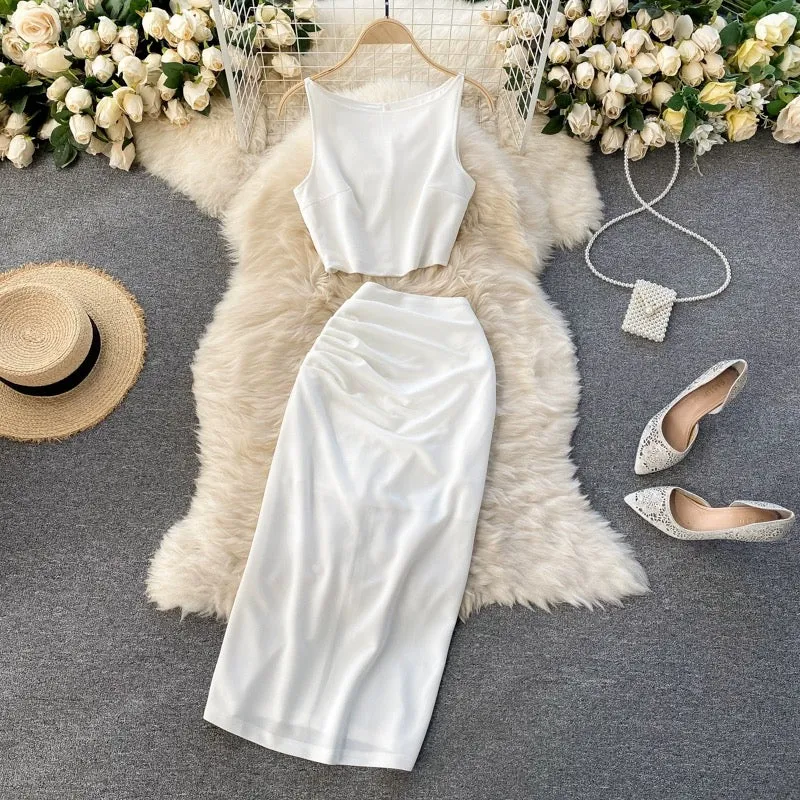 Cool and elegant lady internet celebrity suit solid color round neck vest short top high waist hip-wrapped mid-length skirt two-