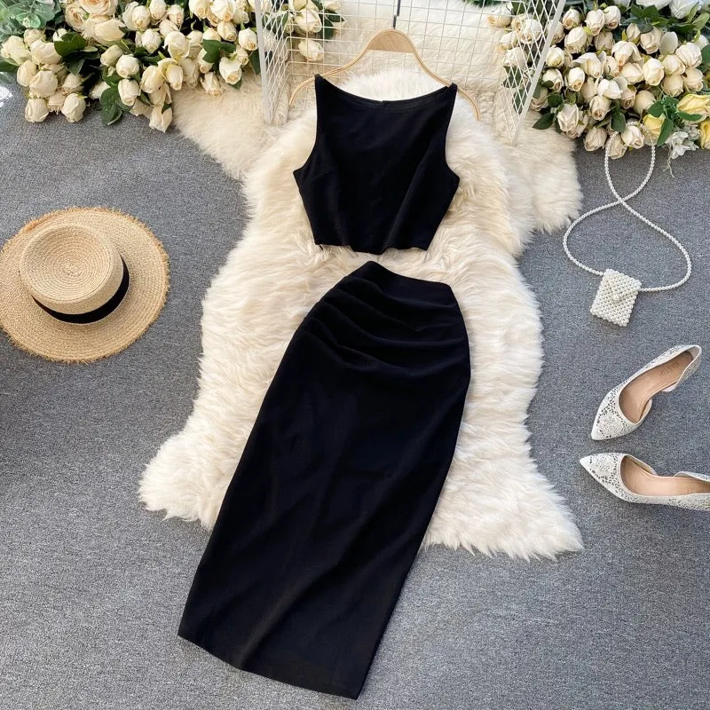 Cool and elegant lady internet celebrity suit solid color round neck vest short top high waist hip-wrapped mid-length skirt two-