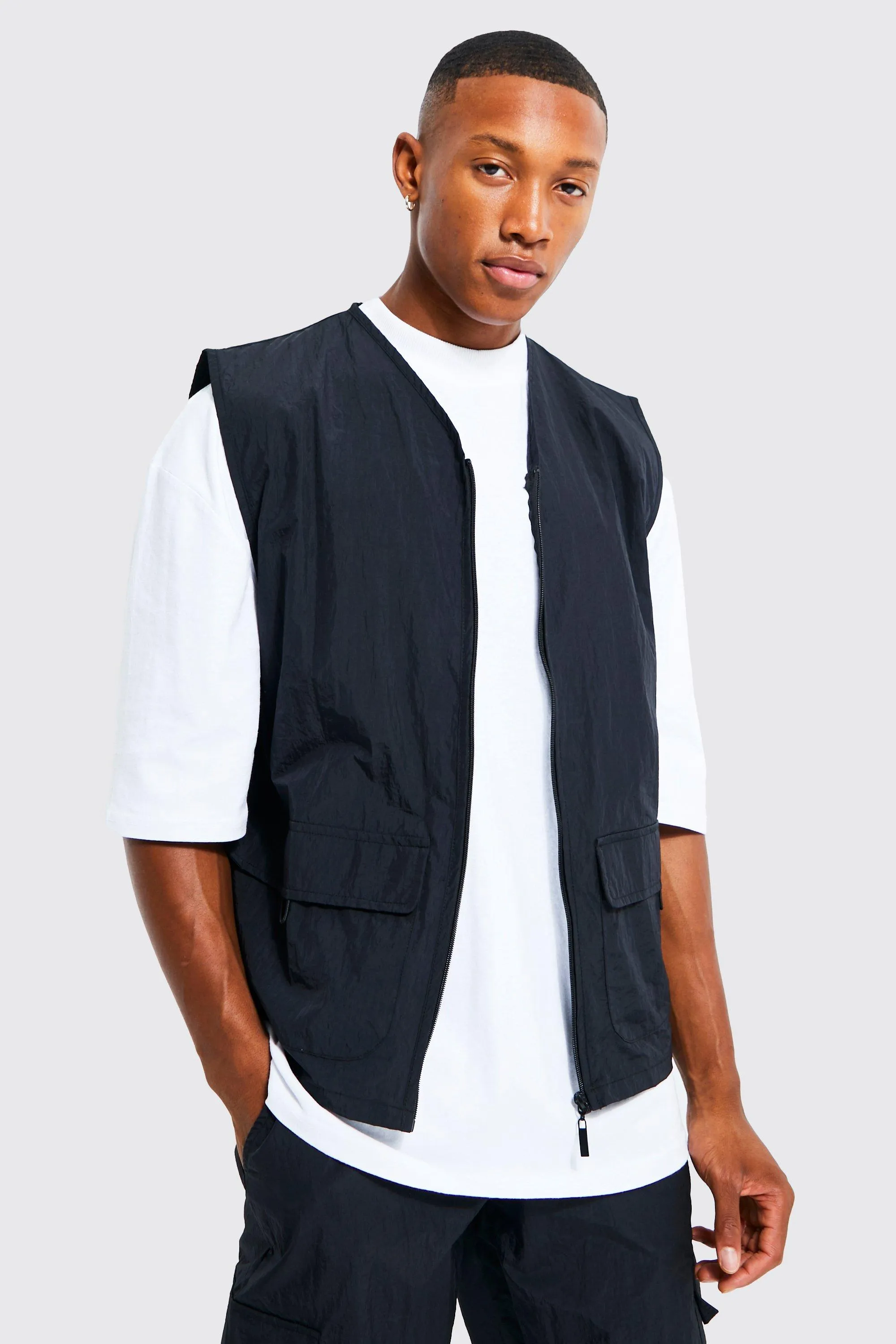 Crinkle Nylon 4 Pocket Utility Vest | boohooMAN UK