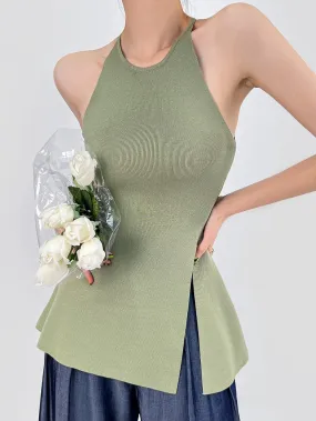 DOUBLE Z retro waist slimming slit hem knitted vest for women summer halterneck slimming mid-length small sling