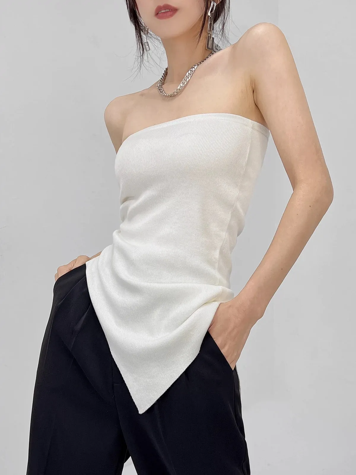 d/z shop irregular slit off-shoulder tube top knitted vest for women summer outer wear niche hot girl wrap top