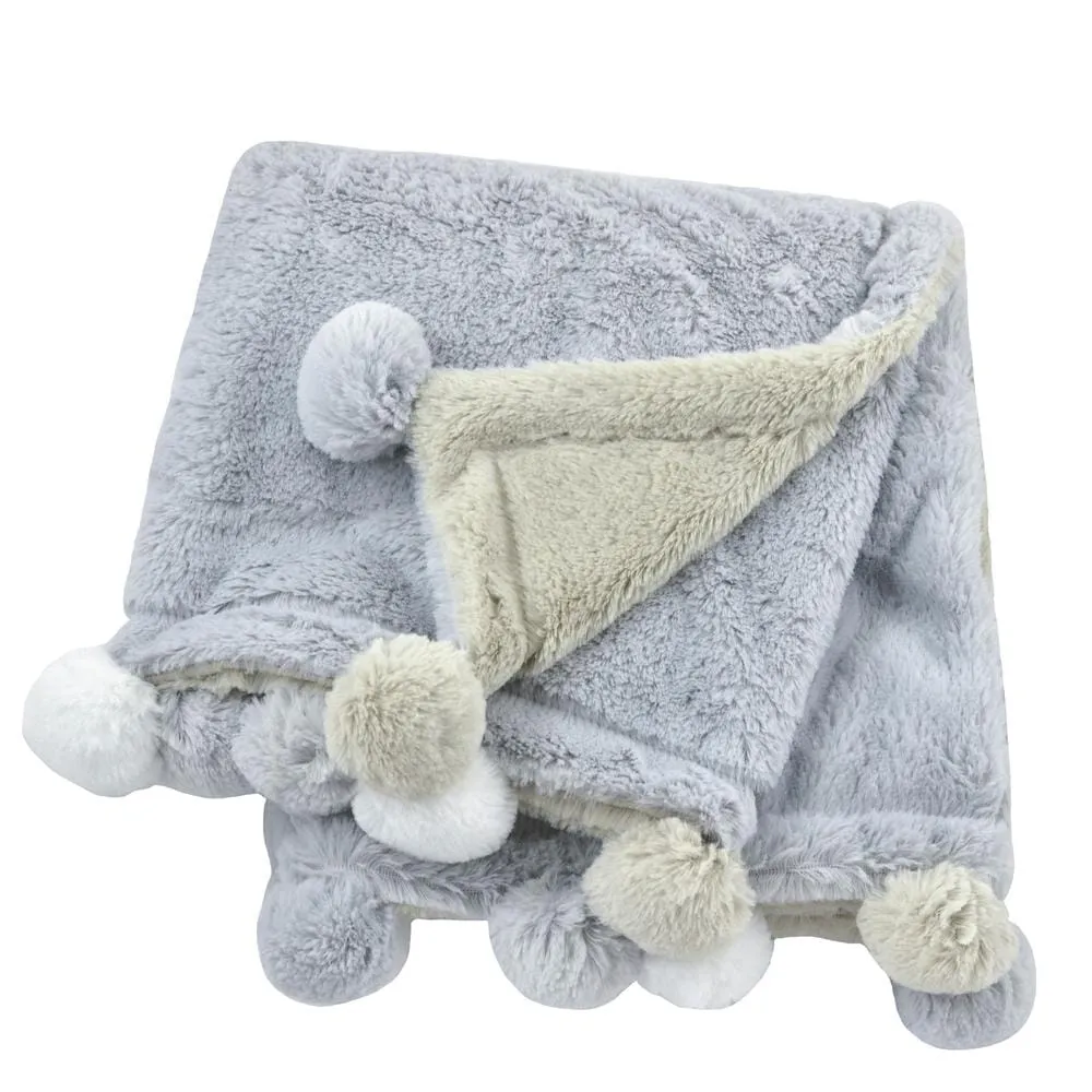 Embroidered Cuddle Plush Pom Pom Blanket in Grey