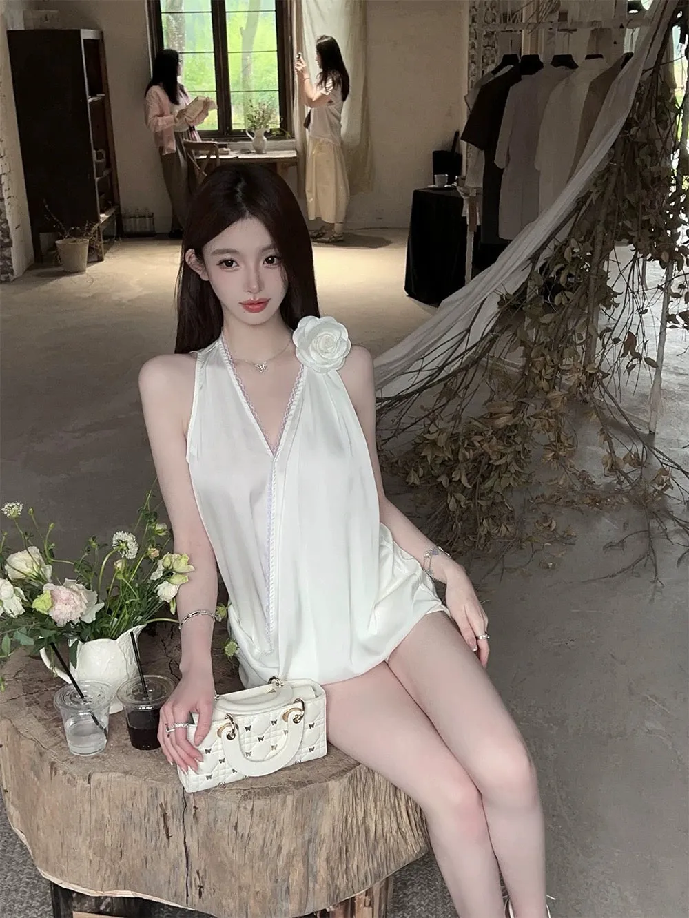 FairyJiang summer new satin white V-neck sleeveless vest women's lace off-shoulder top with flowers